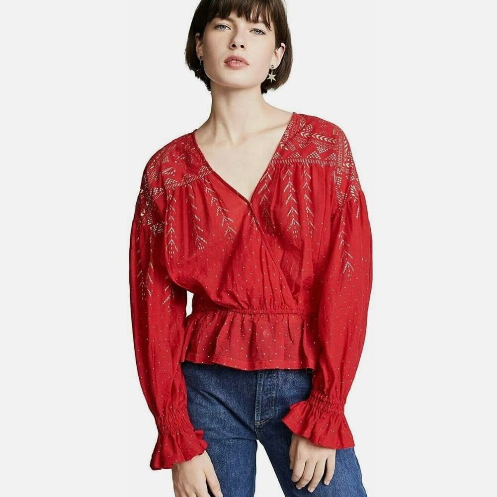 Free People Counting Stars Blouse - Red Top - Metallic - Size L